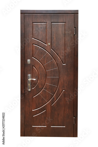 Bild auf Leinwand Brown wooden door with metal handle and lock.