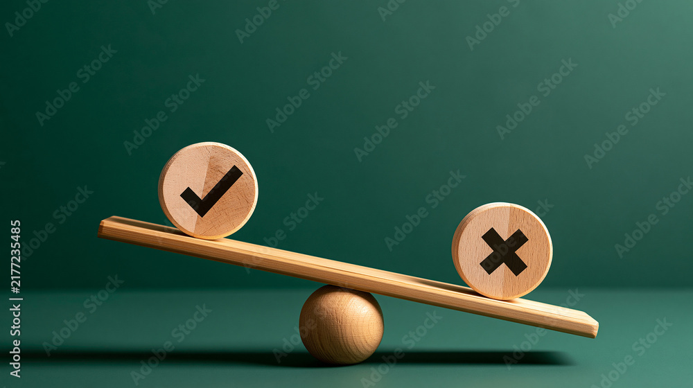 Fototapeta premium Wooden seesaw balance scale showing correct check mark and incorrect cross mark symbols with wooden tokens decision making right or wrong true or false pros and cons
