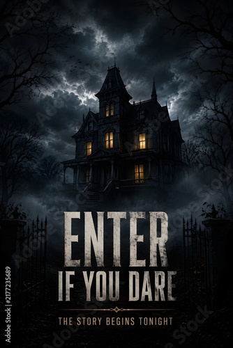 Mysterious Gothic Mansion Under Stormy Night Sky with Ominous Invitation Text Enter If You Dare