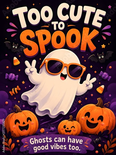 Playful Ghost with Sunglasses Making Peace Signs in a Vibrant Halloween Illustration with Jack-O'-Lanterns and Candy