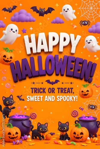 Vibrant Halloween Greeting Card Featuring Playful Ghosts, Jack-O'-Lanterns, Black Cats, and Spooky Treats on Orange Background