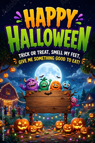 Vibrant Halloween Greeting Featuring Playful Monsters Celebrating Spooky Season with Jack-O-Lanterns and Whimsical Lighting