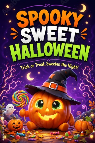 Whimsical Halloween Jack-O-Lantern Witch with Candy Treats Amidst Spooky Sweet Vibes and Glowing Moonlit Night