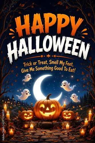 Whimsical Halloween Night Scene Featuring Glowing Jack-O'-Lanterns, Ghosts, and Playful Trick-or-Treat Text Amidst Moonlit Forest