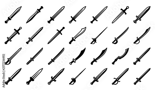 Bild auf Leinwand Medieval Swords and Historical Blades Line Icon Set Featuring Fantasy Daggers, B