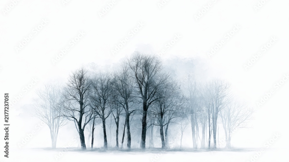 Fototapeta premium Silhouetted bare trees in winter, simple line art against white backdrop