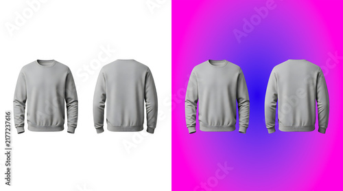 Fotografie Front and back view of a plain light gray crew neck sweatshirt, isolated on a wh
