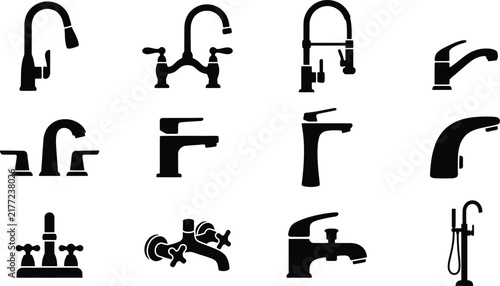 Bathroom and kitchen tap icon set with diverse clean vector designs for interior projects