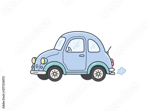 Obraz na plátne A cute light blue cartoon car with a rounded design and a puff of smoke from its exhaust, depicted in a simple illustration style