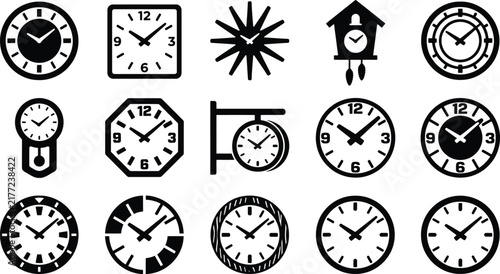 Photography Clock face icon set with diverse timekeeping designs for schedules punctuality a