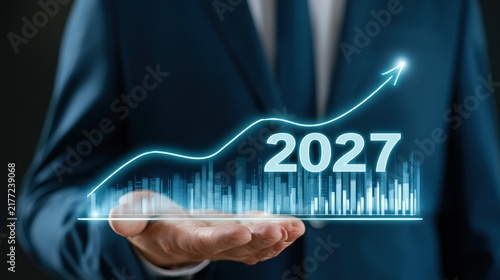 Businessman holding a glowing 2027 growth chart and arrow