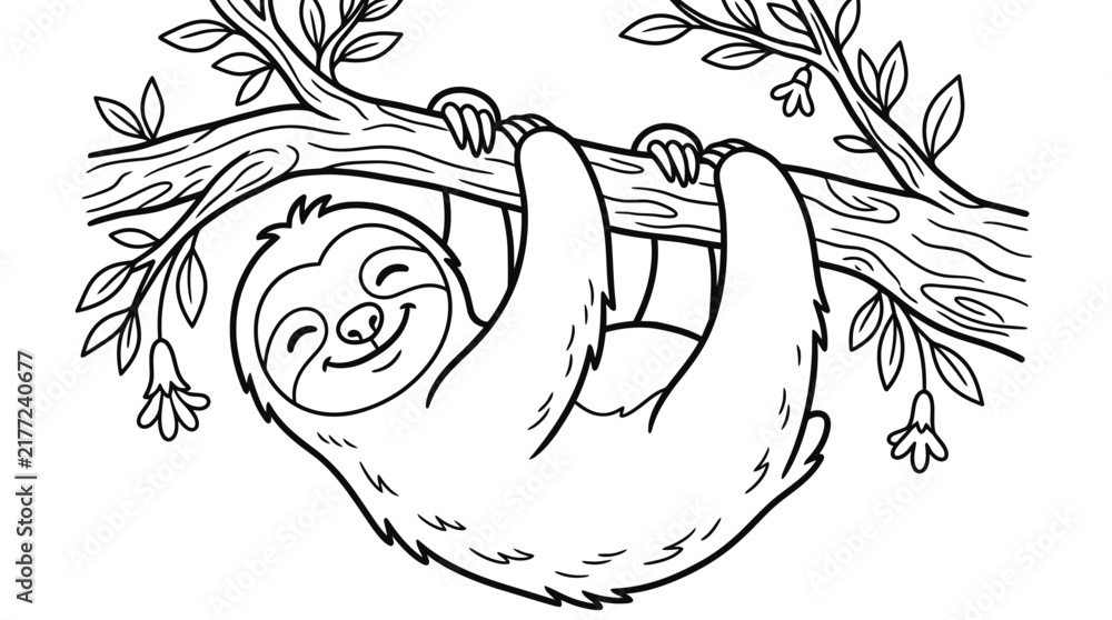 Obraz premium Cute happy sloth hanging from a tree branch with leaves and flowers for a fun kids coloring page black and white line