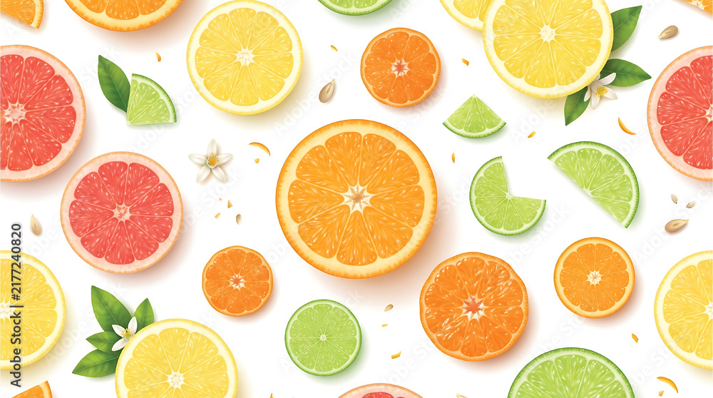 Seamless vector pattern of sliced citrus fruits orange lemon lime grapefruit on white background