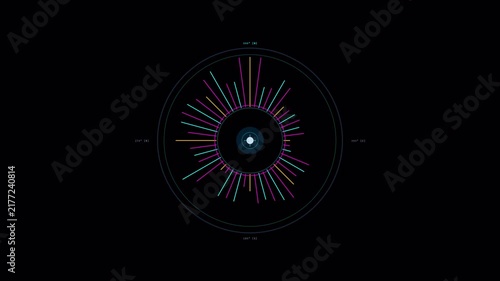 Futuristic radial sound wave equalizer with glowing colorful neon lines in circular digital HUD motion graphics background 4K animation