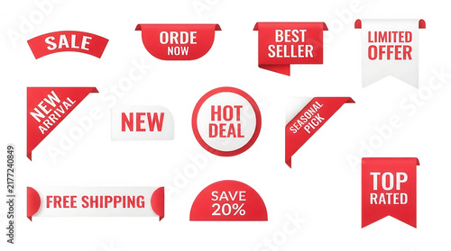 Set of red and white promotional sale tags isolated on transparent background