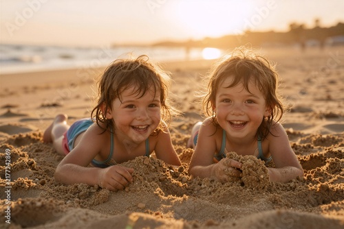 Happy Children Playing in Sand on Beach at Sunset