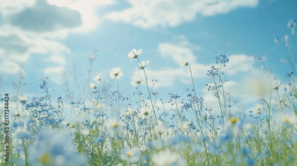 Fototapeta premium Ephemeral beauty: A floral meadow bathed in sunshine under a tranquil sky