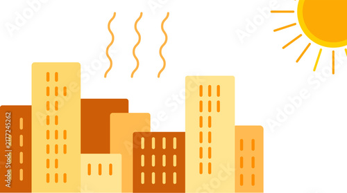 Heatwave illustration featuring a blazing sun, city skyline, and rising heat waves for summer weather, urban climate, and global warming concepts