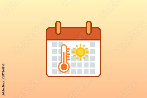 Heatwave calendar icon featuring thermometer, bright sun, and summer weather forecast for climate alerts, seasonal planning, and temperature monitoring
