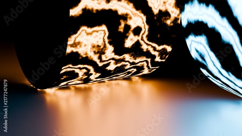 Photography Abstract 3D graphic featuring two curved surfaces with flowing liquid marble patterns, combining fiery orange gold and electric cyan tones over a glossy reflective floor