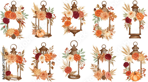 Set of ten vintage lanterns decorated with watercolor autumn flowers and dried leaves isolated on a white background for design