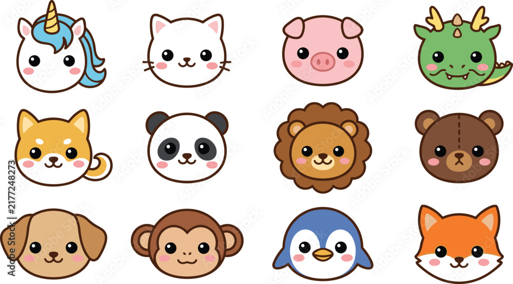 Fototapeta premium Cute Kawaii Animal Face Avatar Set with Unicorn Cat Panda Lion Dragon and Fox for Baby Nursery Designs