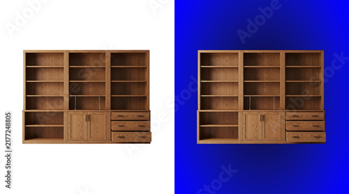 A large wooden bookcase with multiple shelves and lower cabinets featuring drawers, displayed as a furniture piece on a white background