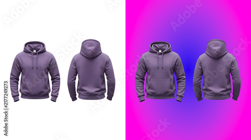 Fotografía A plain purple hoodie shown from both front and back views, isolated on a white