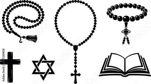 Religious Symbols Icon Set with Rosary Beads Holy Bible Cross Star of David and Prayer Mala Silhouette Vectors for Faith and Spiritual Designs