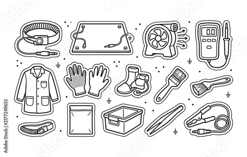 Anti static and electrostatic discharge safety gear outline vector collection showing grounding equipment brushes tweezers bags and accessories