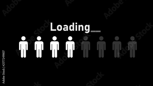 Minimal human icons arranged in a row with a “Loading...” text above, representing waiting, processing, queue, user loading, and system progress concepts on a black background.