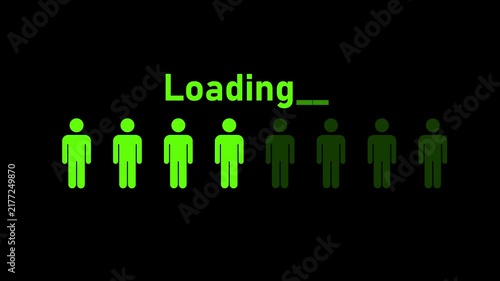 Minimal human icons arranged in a row with a “Loading...” text above, representing waiting, processing, queue, user loading, and system progress concepts on a black background.