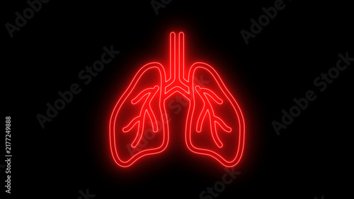 Obraz na plátně neon line art illustration of human lungs with detailed bronchial branches, glowing against a black background, representing respiratory health, breathing, anatomy, and medical care
