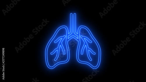Canvas Print neon line art illustration of human lungs with detailed bronchial branches, glowing against a black background, representing respiratory health, breathing, anatomy, and medical care