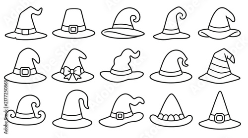 Collection of magical wizard hat illustrations in simple black outlines