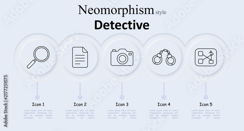 Detective set icon. Magnifier glass shows handle. Document page displays text lines. Camera body holds lens front. Handcuffs link dual rings. Board maps connected nodes.