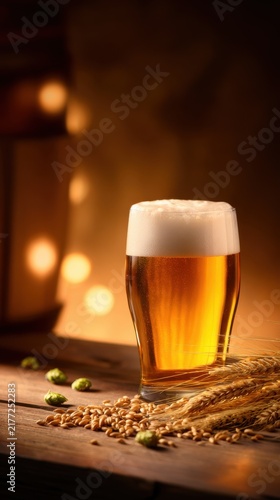 A glass of beer with a frothy head sits on a wooden table, surrounded by hops and grains