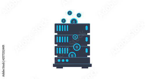 Digital Asset Mining and Data Center Server Rack with Floating Crypto Coins Vector Illustration