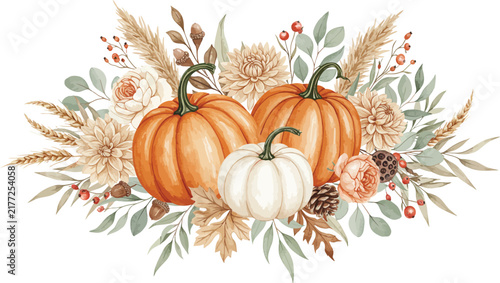 Watercolor illustration of orange and white pumpkins decorated with dried pampas grass leaves and autumn flowers for seasonal holiday design