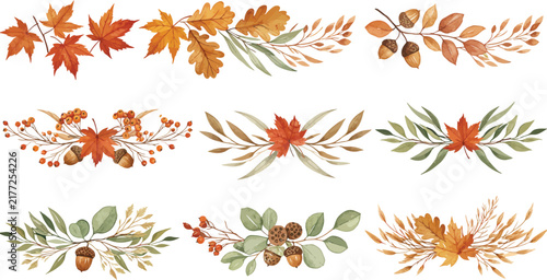 Set of beautiful watercolor autumn leaves and floral arrangements isolated on white background for seasonal fall design and greeting cards