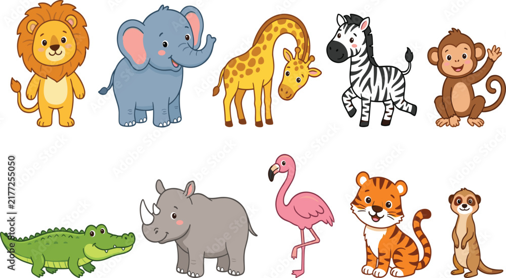 Obraz premium Cute safari and jungle animals collection, cartoon wild animal characters sticker set for children isolated on white background