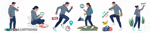 Flat illustration set of people using smartwatches and technology to track their fitness, running, hiking, and daily health activities.