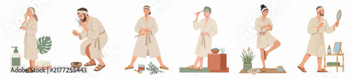 Set of flat illustrations showing men and women in bathrobes practicing various self-care, grooming, and wellness routines at home or a spa.