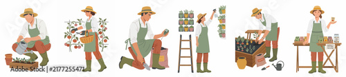 Set of diverse flat illustrations depicting male and female farmers engaged in gardening, harvesting, planting, and selling fresh produce at a market stall.