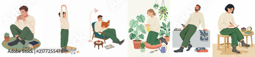 Collection of flat vector illustrations depicting people enjoying relaxing indoor activities like reading, gardening, and stretching in a cozy home setting.
