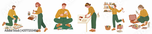 Flat illustration set of people engaged in various hobbies like crafting, organizing, and sorting collections, featuring a minimalist design and earthy color palette.