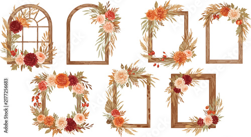 Set of watercolor fall frames decorated with autumn flowers and foliage isolated on white background for wedding invitations and cards