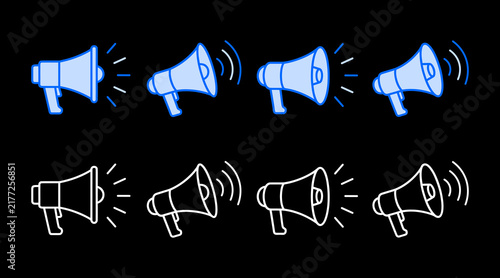 Megaphone alert notification icons with sound waves for marketing campaigns and public announcements.
