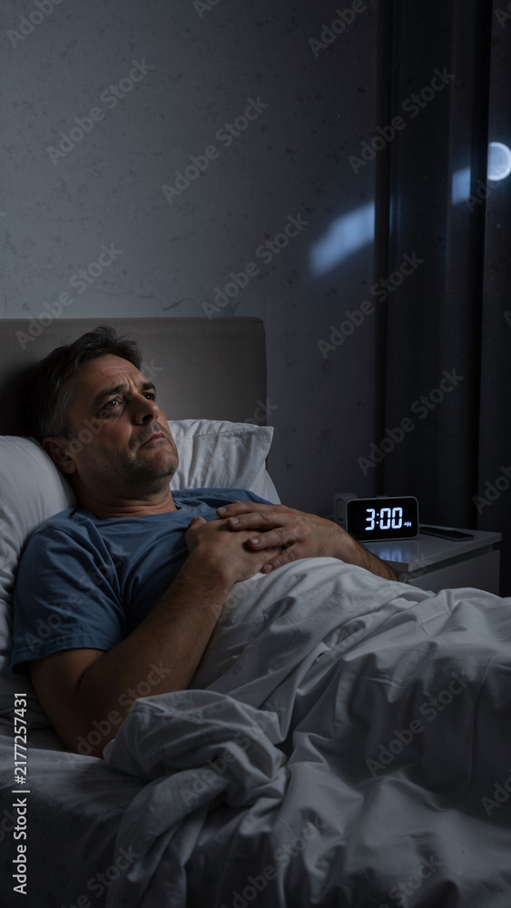 Fototapeta premium Caucasian man lies awake in bed at 3 AM looking troubled, suffering from insomnia. Mental health issue and sleep disorder concept.