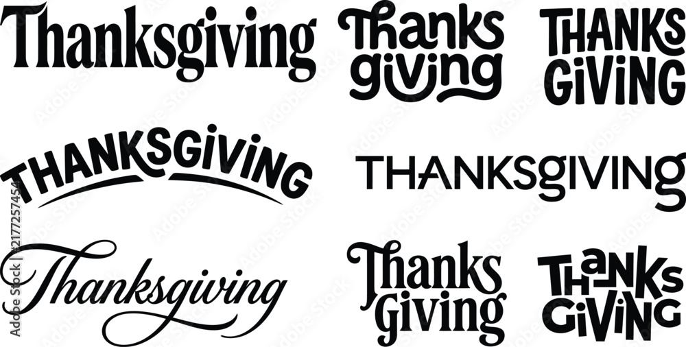 Fototapeta premium Thanksgiving typography variations in different fonts on a white background